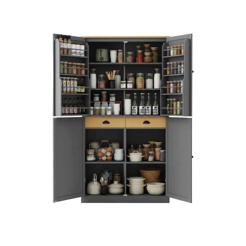 Gray 71 Inch Kitchen Pantry Cabinet Drawers Adjustable Shelves