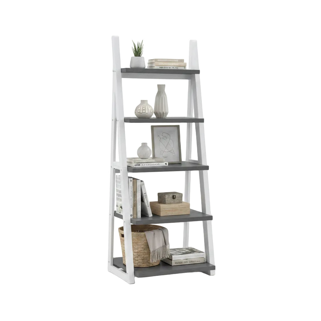 Grey and White 5 Tier Ladder Bookshelf Rubberwood Storage Shelf