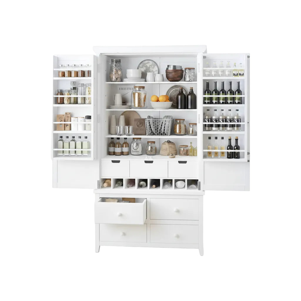 Kitchen Pantry Cabinet With Drawers Doors Wine Rack White