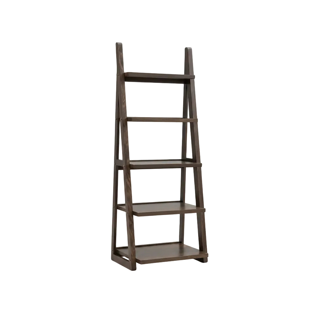 Rustic Brown 5 Tier Ladder Bookshelf Rubberwood Storage Shelf